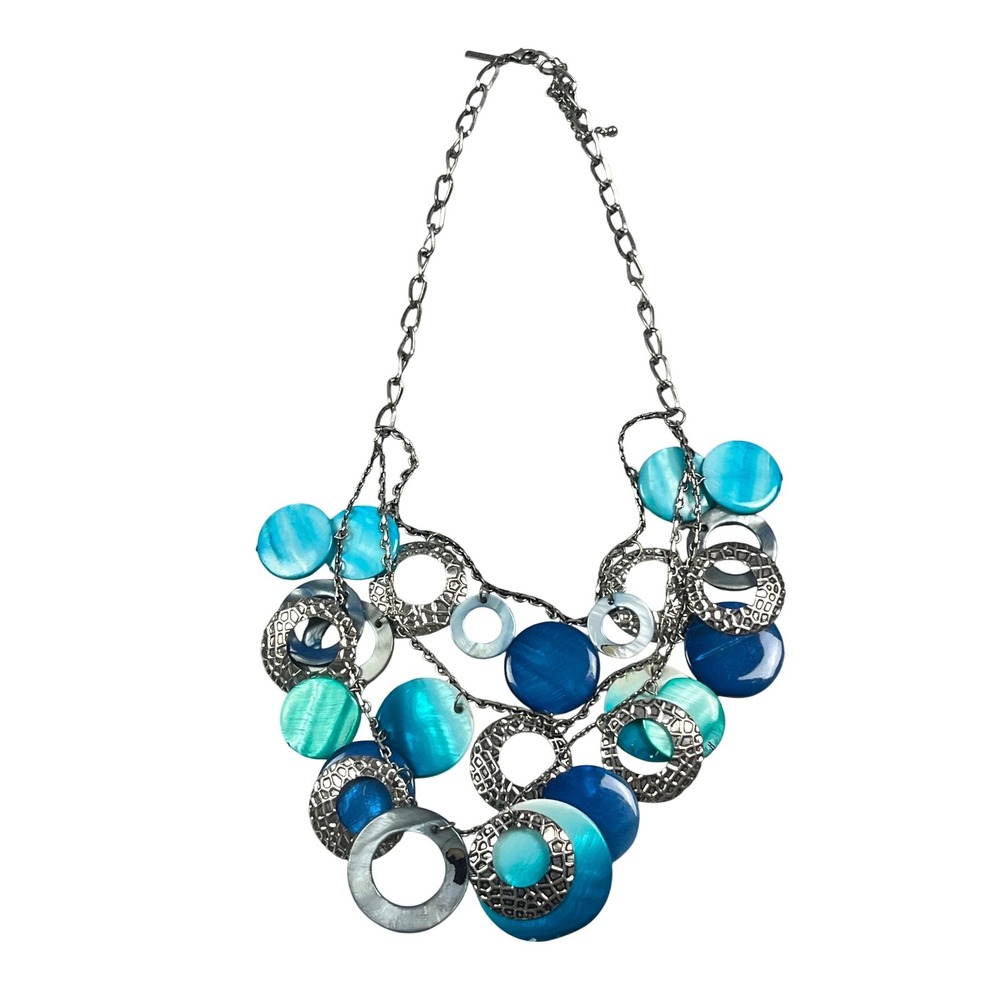 Lane Bryant Blue Teal Shell Disc Statement Bib Necklace Silver Tone Hammered